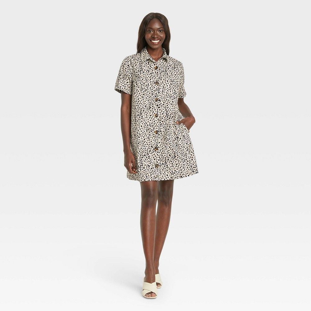Women's Short Sleeve Shirtdress - Who What Wear Off-White Leopard Print L | Target