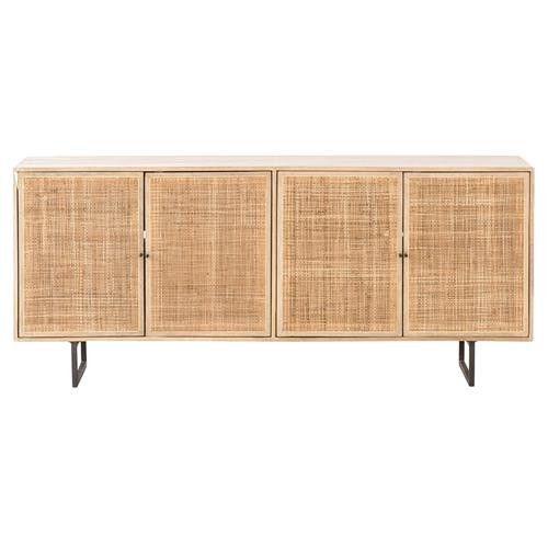 Emilie Coastal Beach 4 Door Natural Cane Mango Wood Metal Legs Sideboard | Kathy Kuo Home