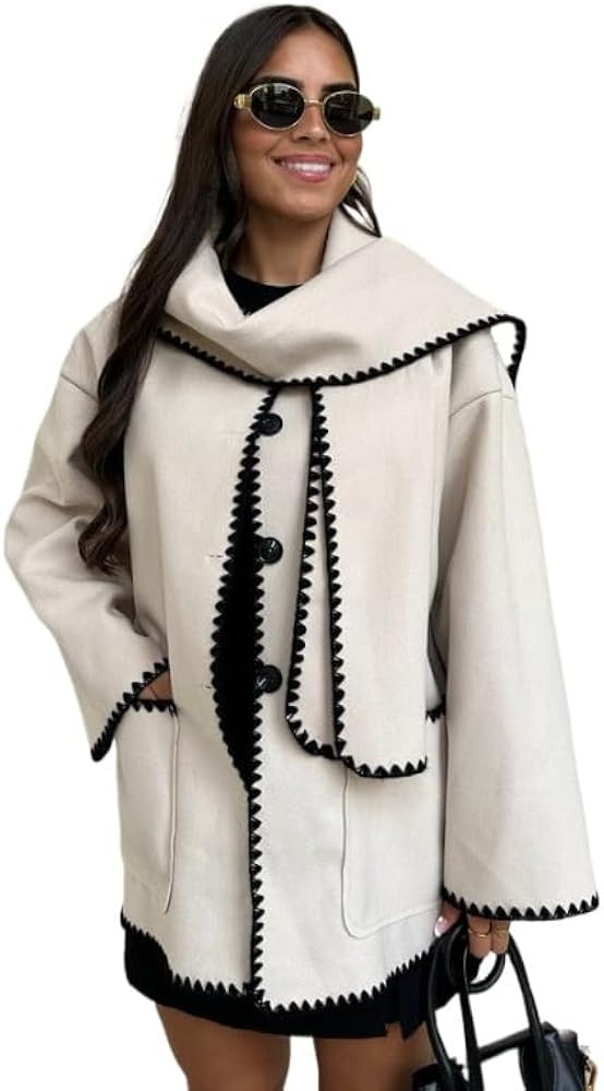 Women's tassel scarf wool coat two-piece set loose button open top wool coat jacket | Amazon (US)