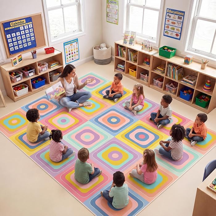 6 x 8.4 ft Large Classroom Rug Elementary, Rounded Squares Circle Time Seating Area Rug, Educatio... | Amazon (US)