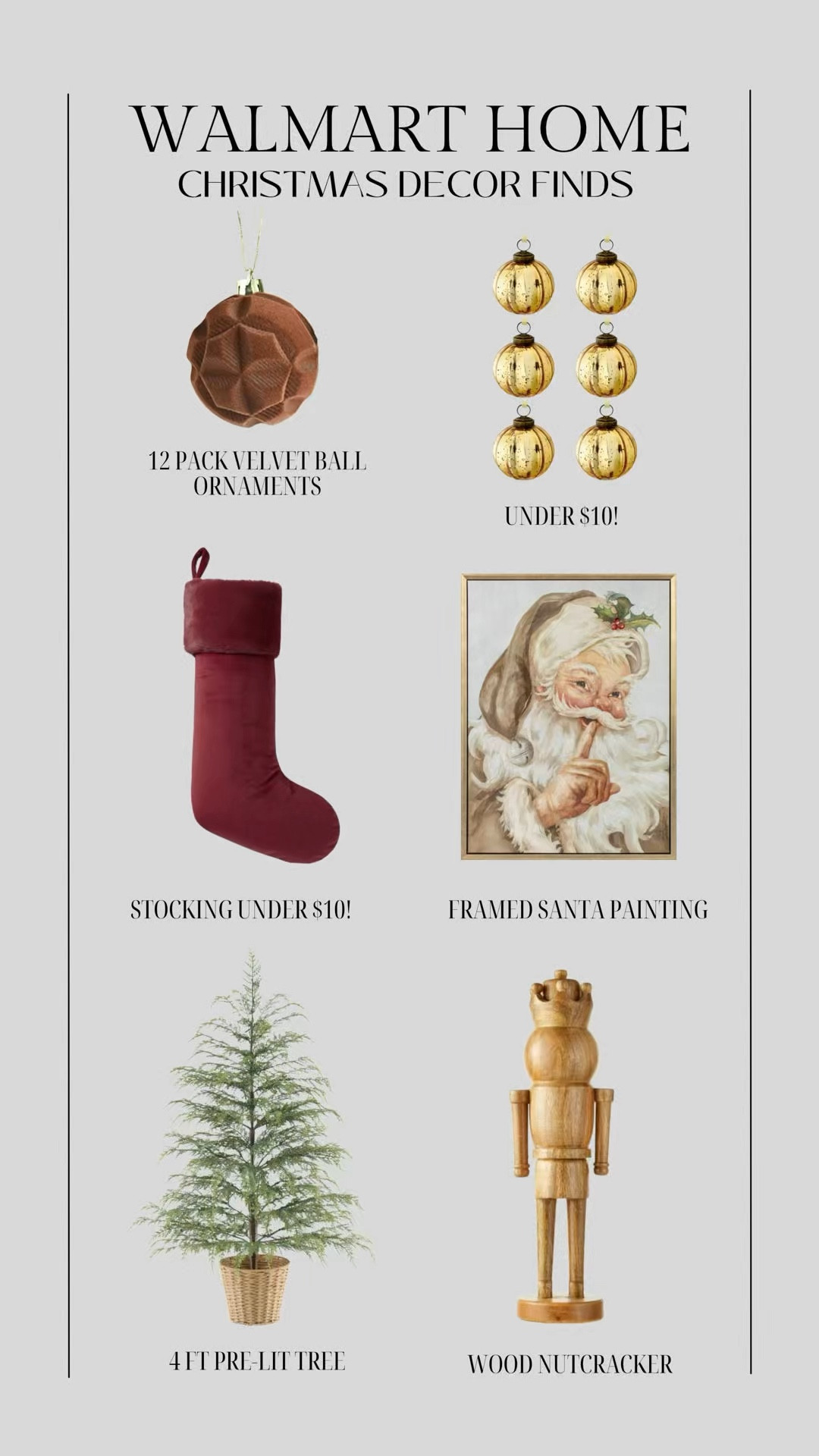Walmart home Christmas decor finds 🎄

Holiday decor, Christmas decor, Christmas decorations, velvet stocking, gold ornaments, glass ornaments, velvet ornaments, pre lit tree, Santa painting, wood nutcracker, Walmart finds, Walmart home, Christine Andrew 

#LTKHome #LTKVideo #LTKHoliday