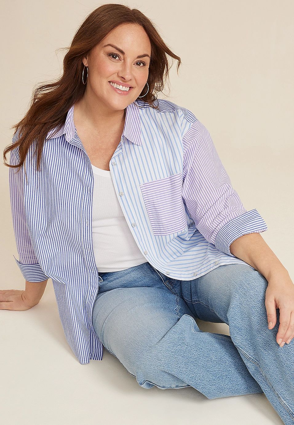 Plus Size 90s Prep Striped Oversized Button Up Shirt | Maurices