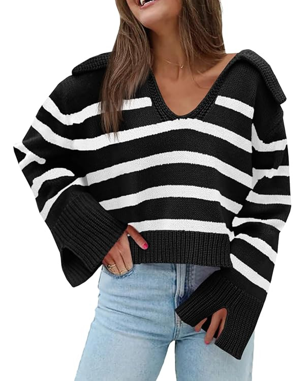 Saodimallsu Womens Striped Sweater V Neck Collared Fall Trendy Knitted Long Sleeve Loose Pullover... | Amazon (US)