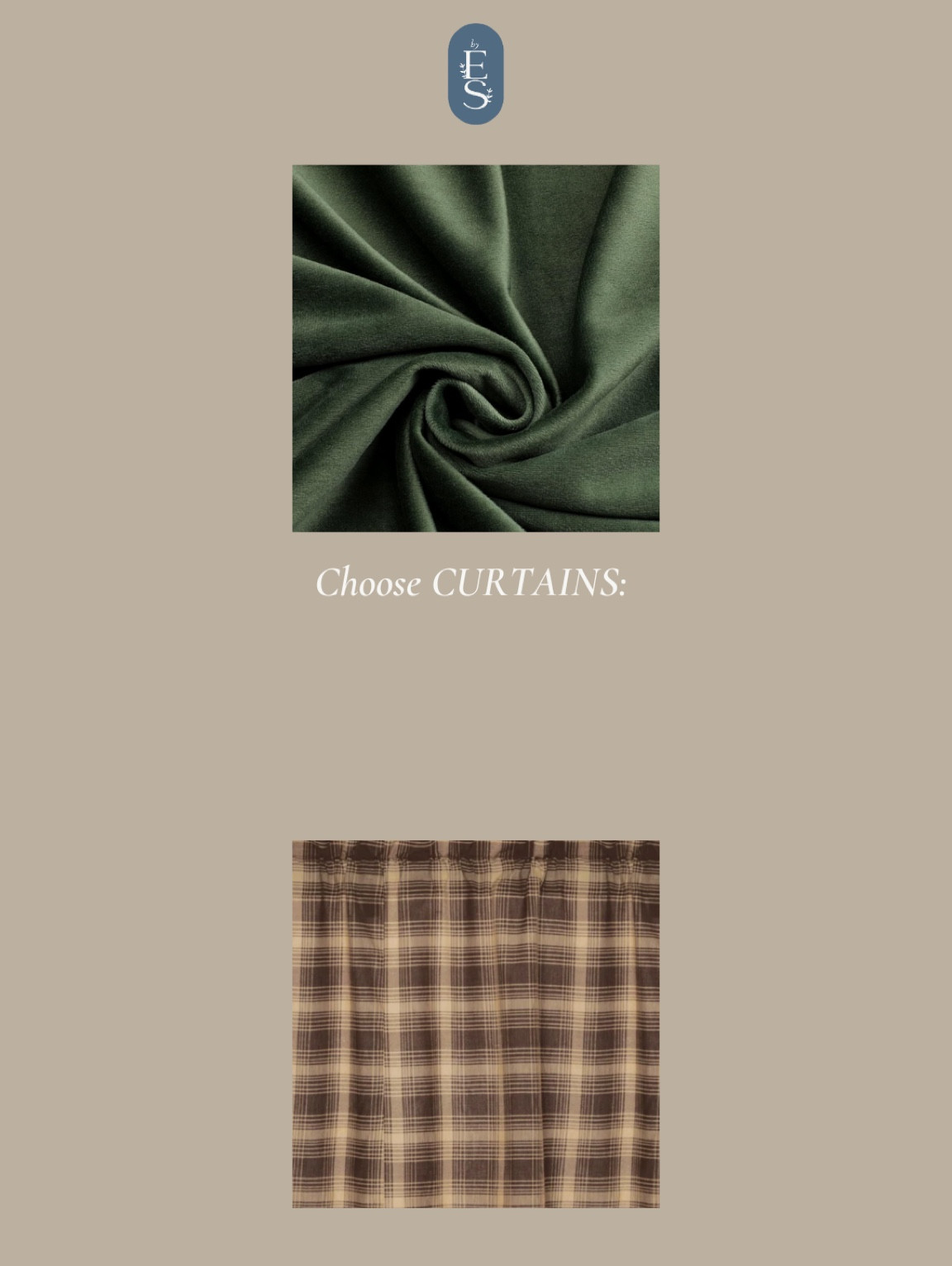 Room and board: basement makeover edition. Green velvet curtains and brown plaid curtains  