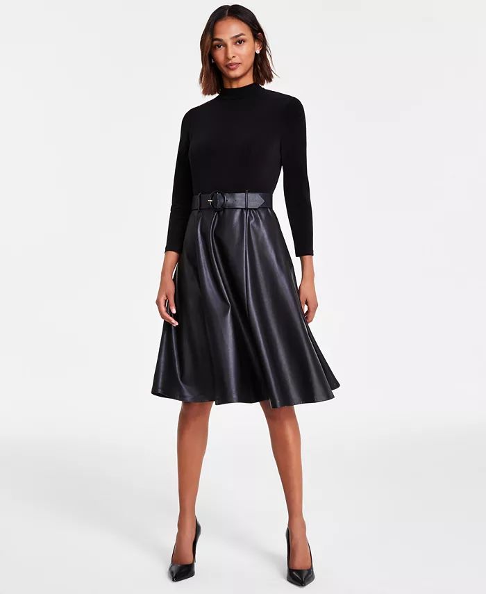 Calvin Klein Women's Faux-Leather-Skirt A-Line Dress - Macy's | Macy's