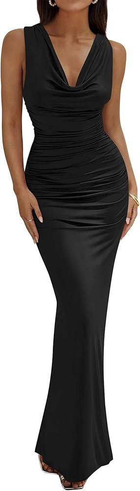 BTFBM Cocktail Dresses for Women Spring 2026 Cowl Neck Sleeveless Ruched Slim Fit Maxi Formal Wed... | Amazon (US)