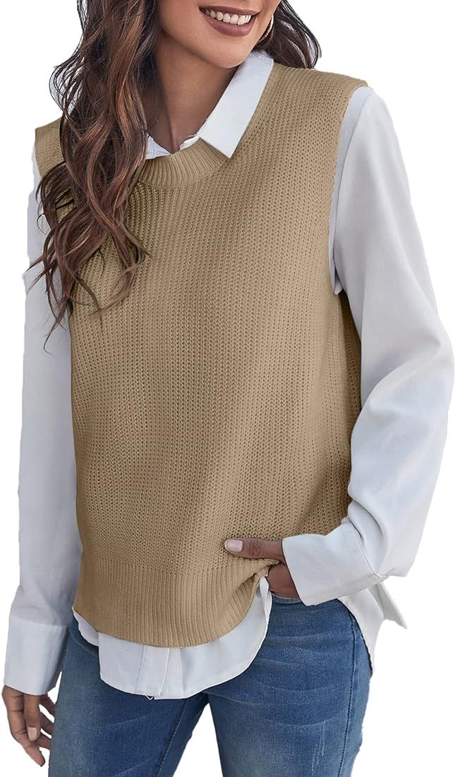 Women's Casual Split Round Neck Sleeveless Pullover Top Sweater Vest | Amazon (US)
