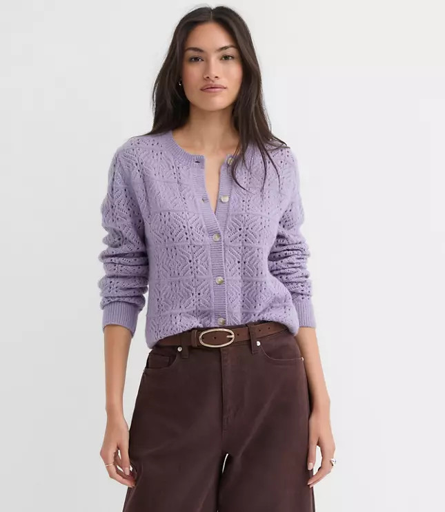 Windowpane Pointelle Cardigan | LOFT