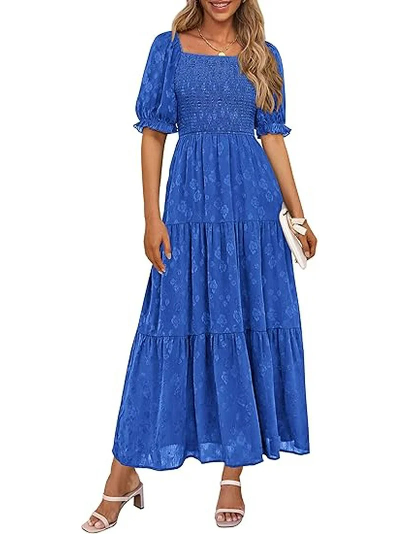 PRETTYGARDEN Women's 2025 Summer Casual Midi Dresses Square Neck Short Sleeve Smocked A Line Flor... | Walmart (US)