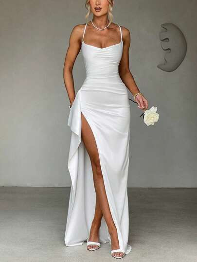 Elegant Sexy Satin Strapless Off Shoulder Frill Trim Waist Party Dress, Bridesmaid Dress, Formal Gown | SHEIN