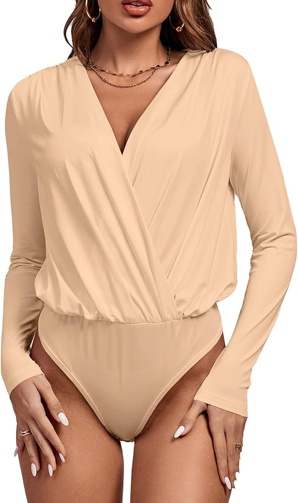 Vrtige Women's Wrap V Neck Long Sleeve Pleated Bodysuit Leotard Top | Amazon (US)
