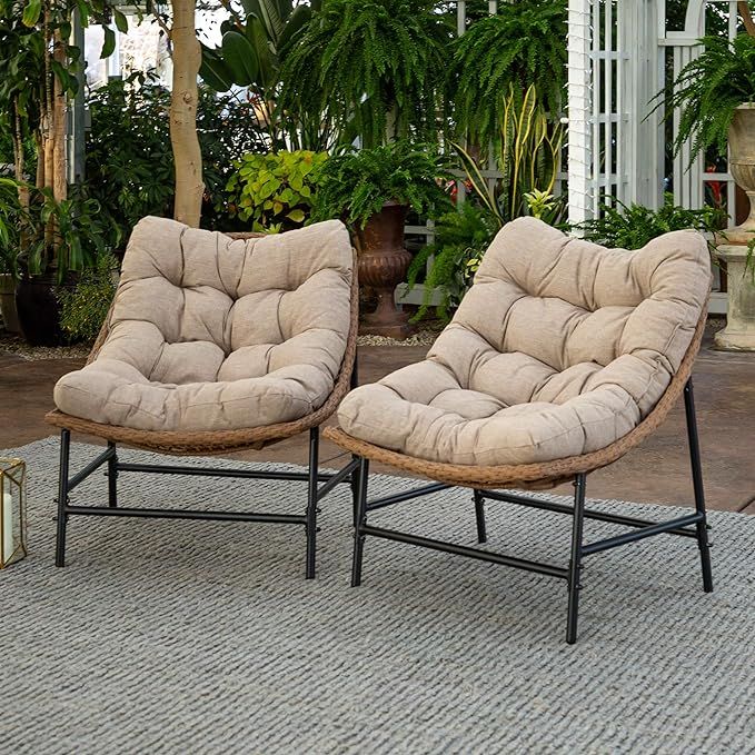 Walker Edison Estrella Modern 3 Piece Rattan Scoop Chair and Side Table Set, Set of 3, Natural | Amazon (US)