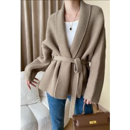 Collared Self-Tie Wrap Waffle Knit Cardigan in Light Tan | Chicwish