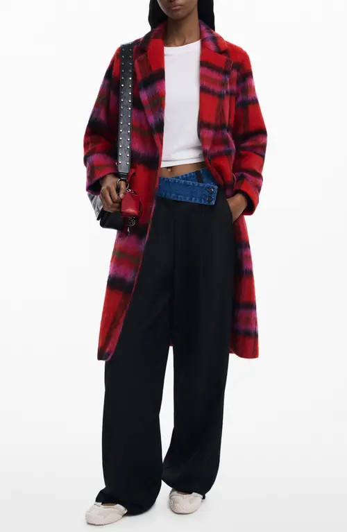 Desigual Tartan Plaid Fuzzy Coat in Red at Nordstrom, Size X-Small | Nordstrom