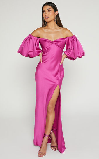 Blanche Maxi Dress - Twist Bust Detail Puff Sleeve Thigh Split in Magenta | Showpo (ANZ)