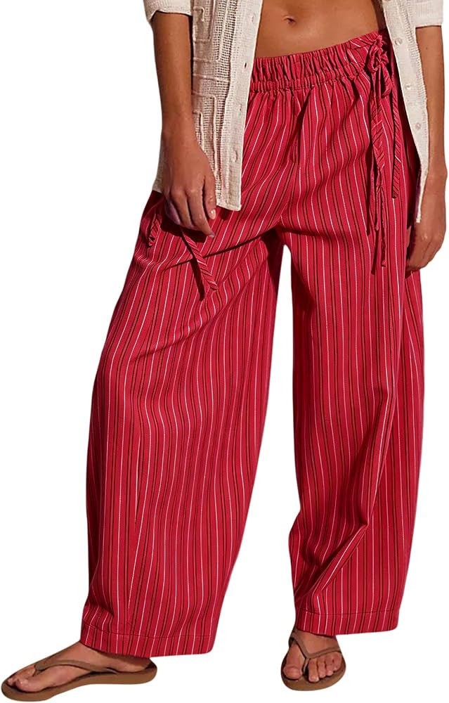 Women Drawstring Striped Wide Leg Pants Summer Causal Barrel Loose Elastic Low Waist Palazzo Hare... | Amazon (US)
