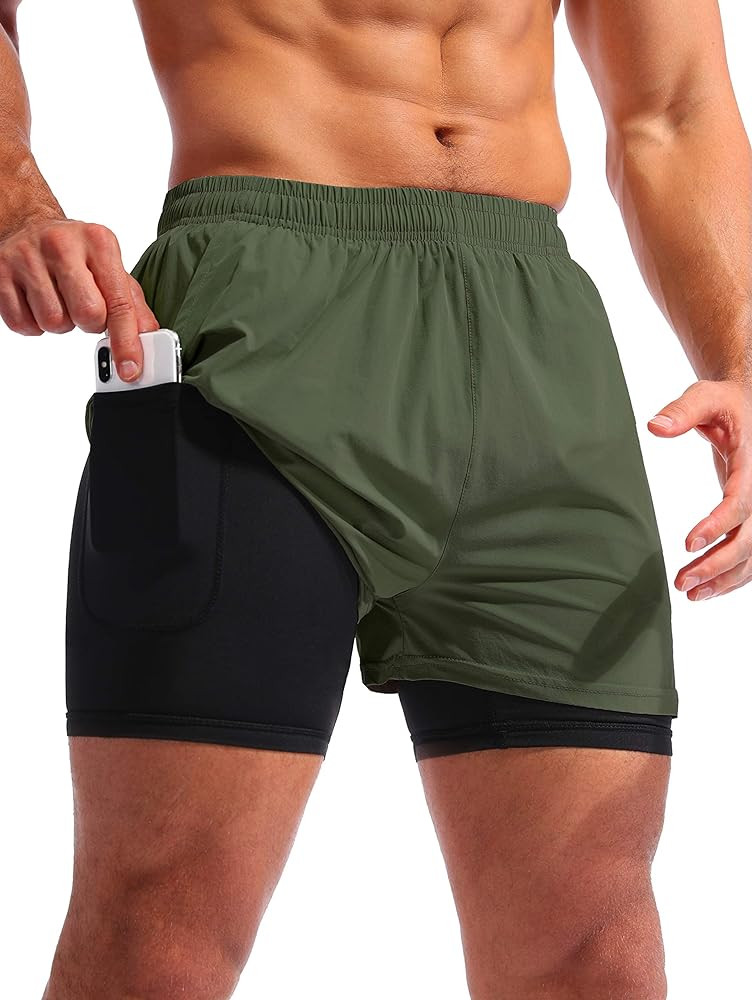 Pudolla Men’s 2 in 1 Running Shorts 5" Quick Dry Gym Athletic Workout Shorts for Men with Phone... | Amazon (US)