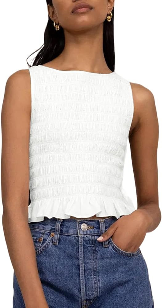 Women Shirred Tank Top Ruffle Sleeveless Tanks Frill Pleated Crewneck Cami Tops Summer Streetwear | Amazon (US)