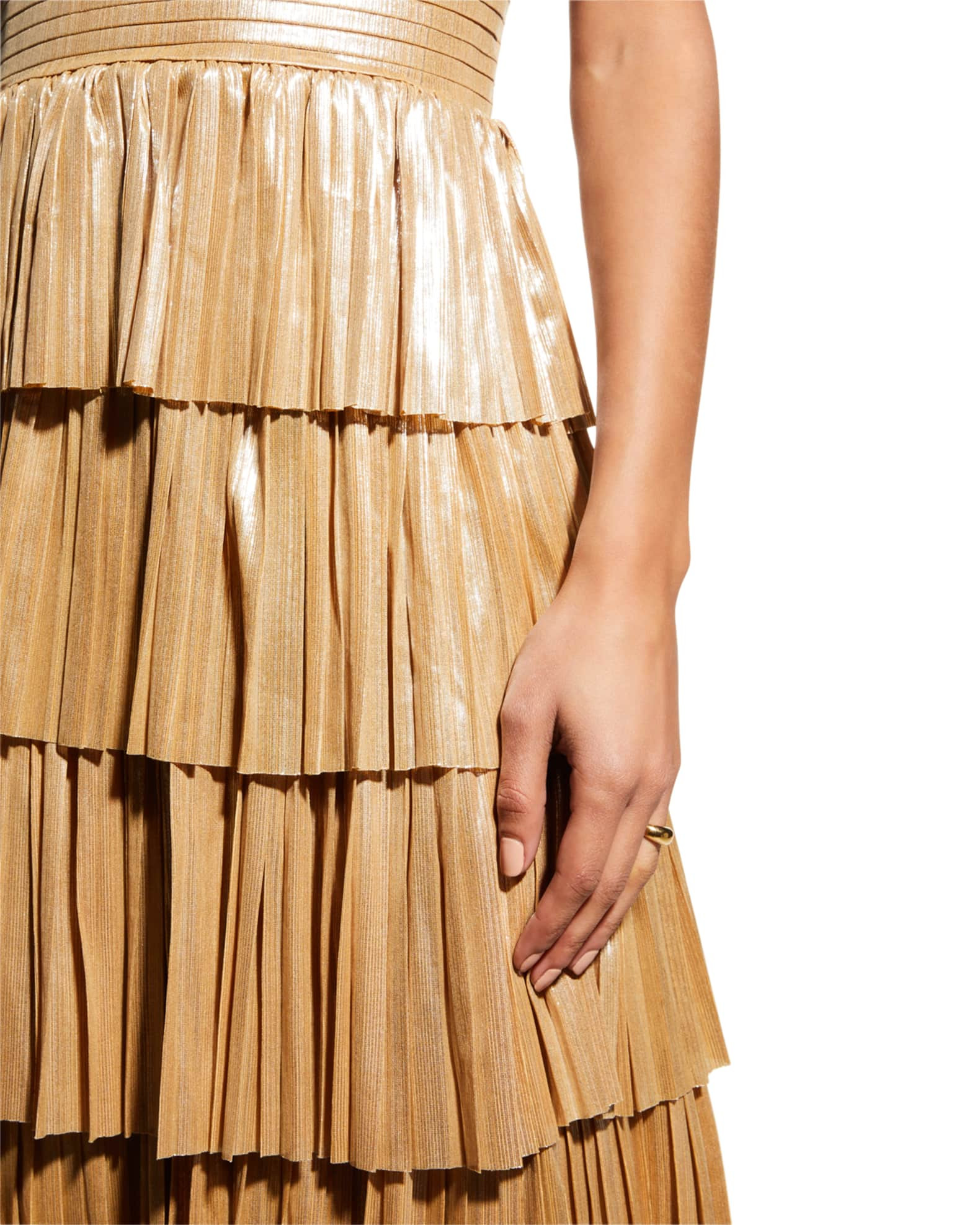 Bronx and Banco Florence Metallic V-Neck Pleated Dress | Neiman Marcus