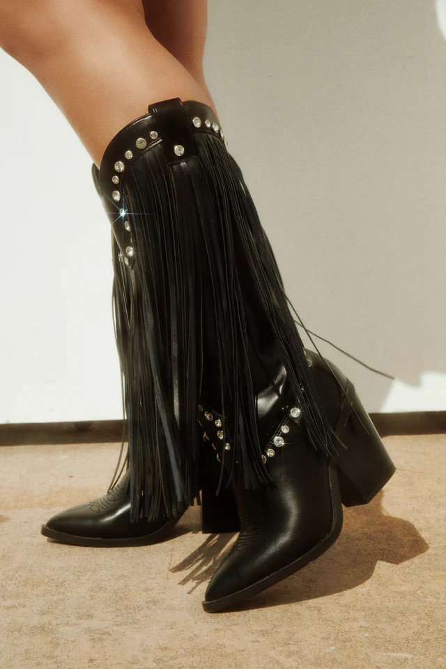 Miss Lola | Houston Black Embellished Fringe Cowgirl Boots | MISS LOLA