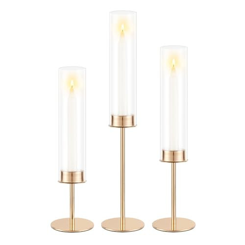POKINE Gold Candle Holders Set of 3 for Glass Taper Candle Holders,Hurricane Candlestick Holder for Home Decor, Wedding, Dinning, Party Decorative, Anniversary (3,Gold) | Amazon (US)