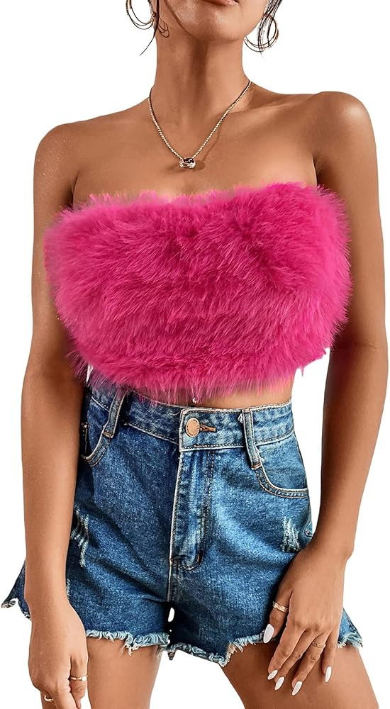 Cozyease Women's Sexy Sleeveless Fuzzy Crop Tops Party Strapless Backless Tube Tops | Amazon (US)