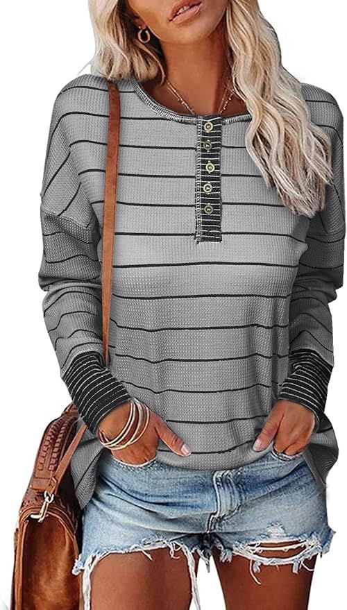 EVALESS Womens Long Sleeve Tops Cute Waffle Knit Striped Casual Button Up Tunic Shirts | Amazon (US)