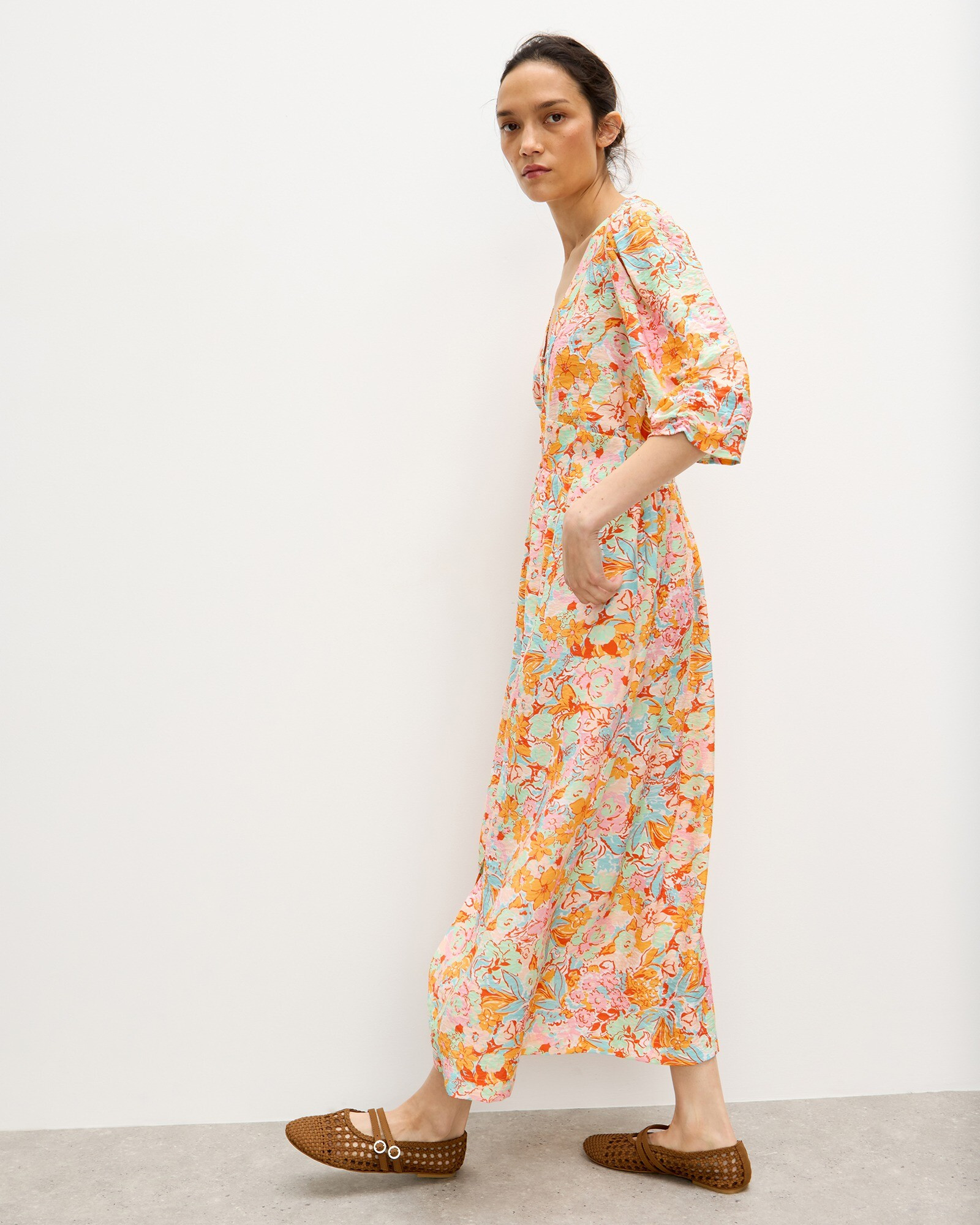Multicoloured Garden Floral V-Neck Midi Dress | Oliver Bonas | Oliver Bonas (Global)
