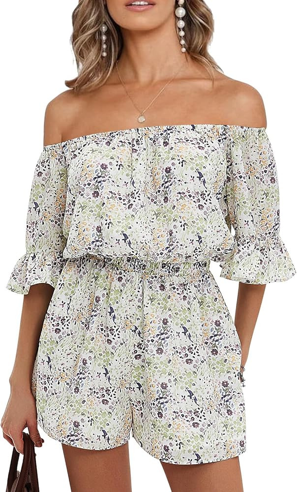 EXLURA Women's Summer Floral Romper Dress Off Shoulder Ruffle Elastic Waist Wide Leg Shorts Jumps... | Amazon (US)