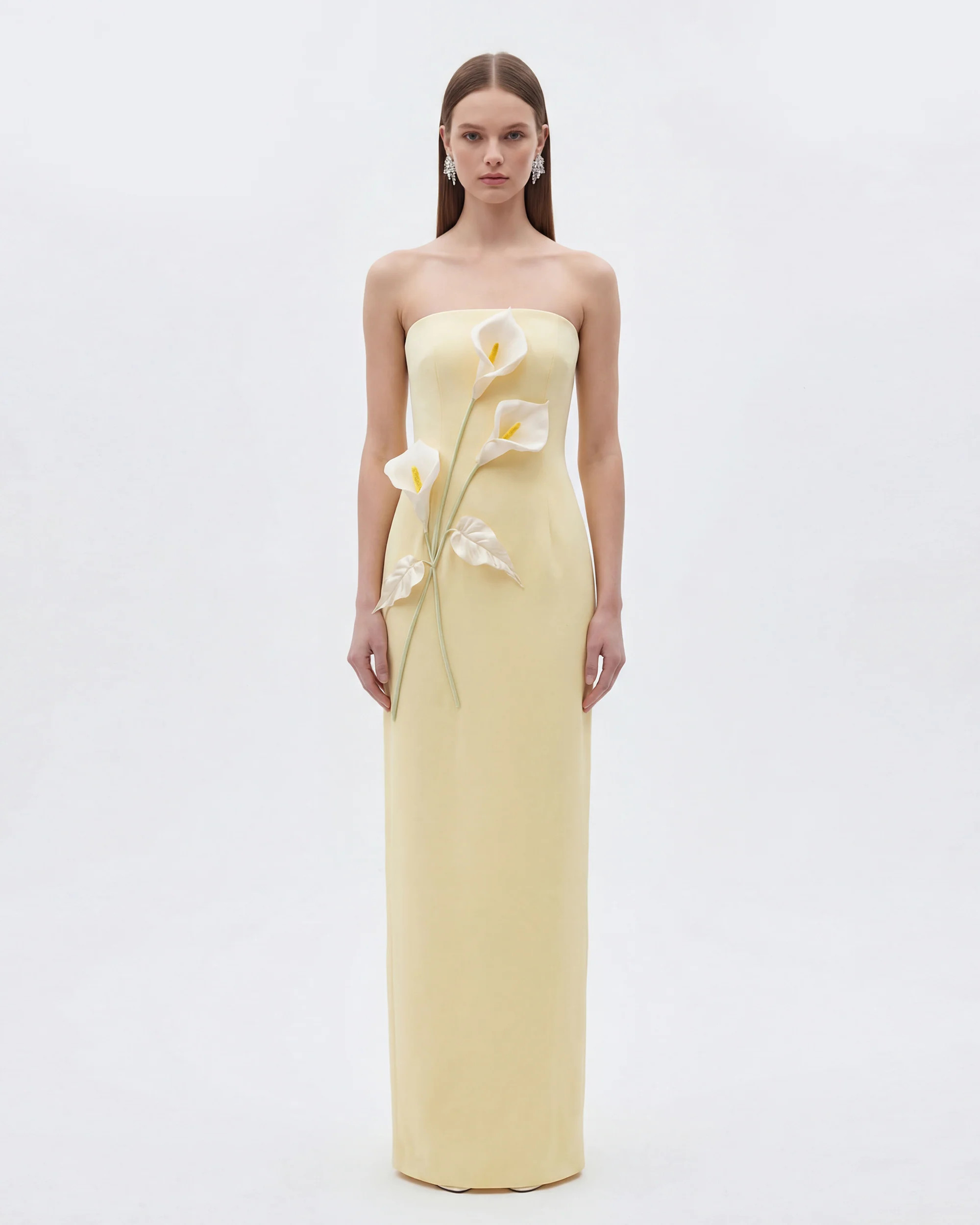 Floral Appliqué Strapless Dress - Yellow | JW PEI US