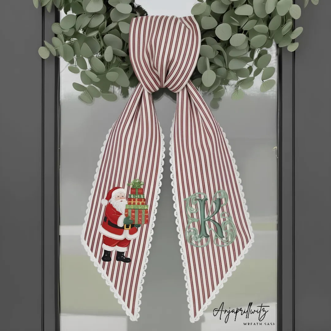 Santa Embroidered Wreath Sash, Red Stripe Christmas Door Bow, Personalized Holiday Décor Gift - ... | Etsy (US)