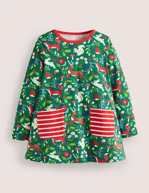 Printed Jersey Pocket Tunic Shady Glade Festive Toile Girls Boden | Boden (US)