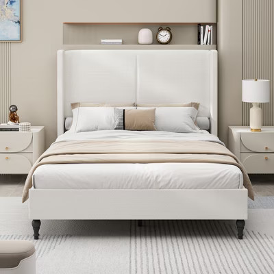 Queen Size Platform Bed Frame with Upholstered Headboard, Boucle Fabric, White - ModernLuxe | Target