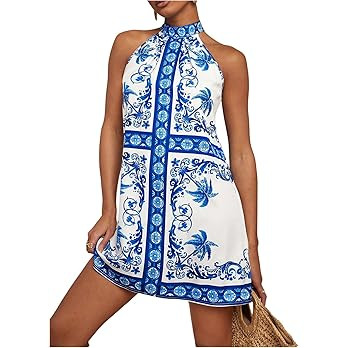 Floerns Women's Sleeveless Floral Print Sundress Halter Neck A Line Short Dress | Amazon (US)