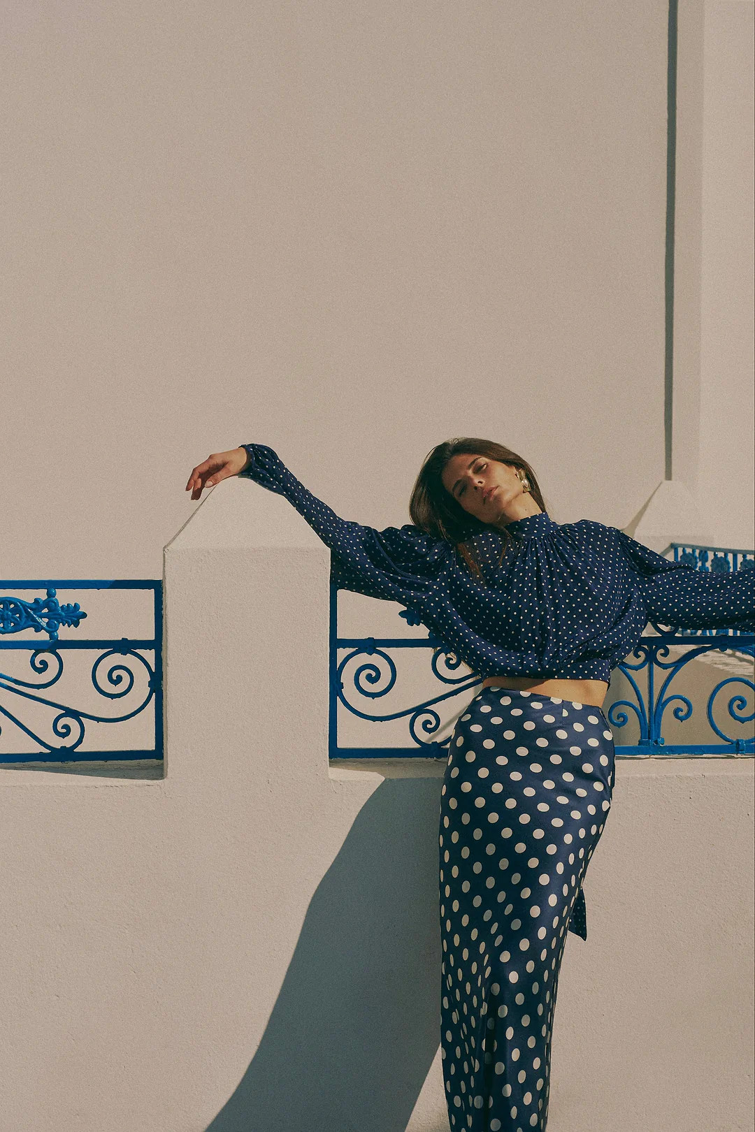 Draped Sleeve Chiffon Top (Navy White Polka Dot) | SAME