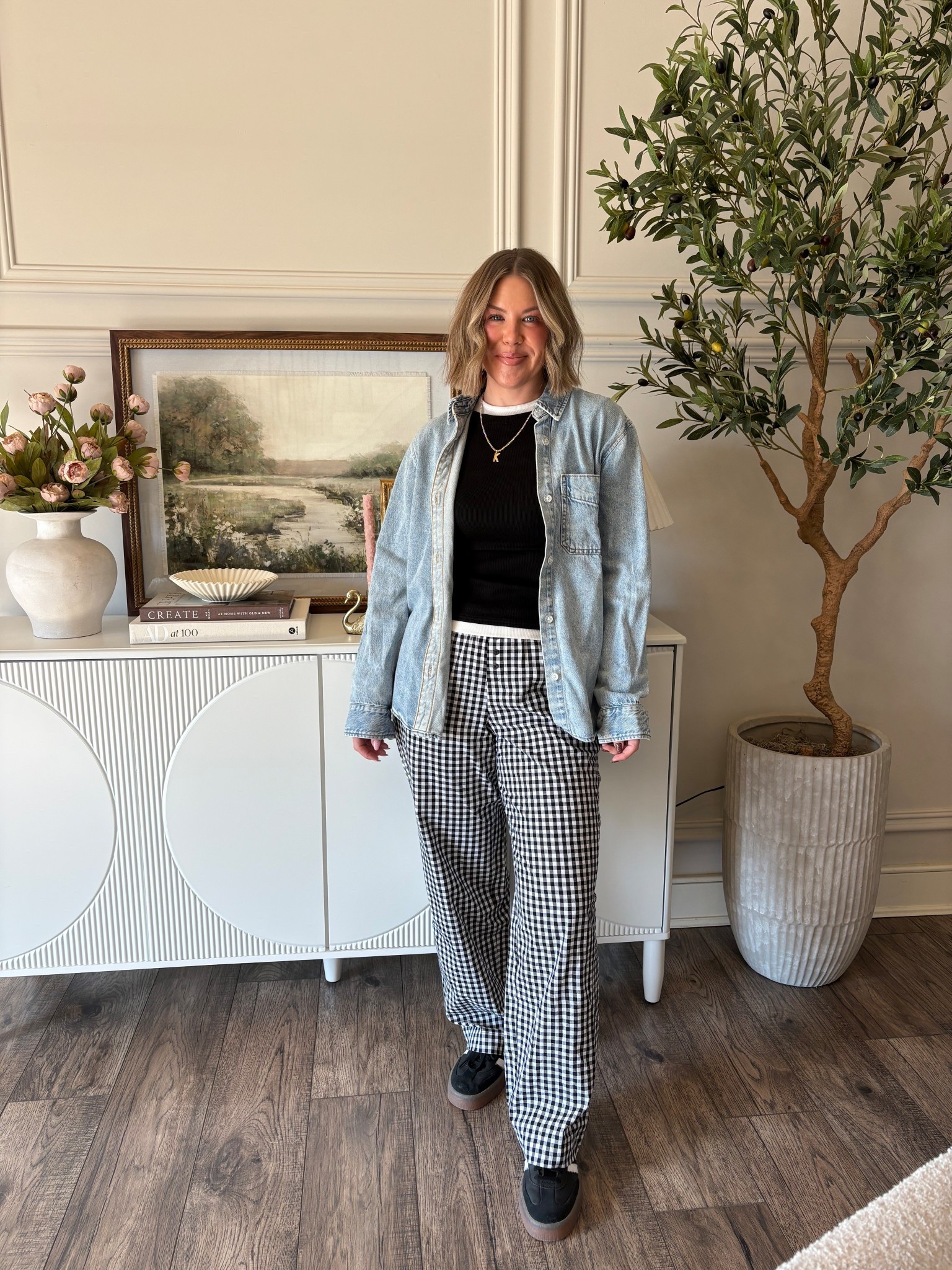 Spring Outfit of the Day! 
I am a huge fan of looking cute and being affordable so this Walmart and Target outfit is just that!!
Love these gingham black and white boxer style pants, they are lightweight and perfect for spring!! I  paired them with this long sleeve looks like it’s doubt or layer top that is a look for less and this button down denim top. This denim top is such good quality and I love the buttons and wash on it! Shoes I feel like you can never go wrong with some adidas sneakers and so I went with my black platform adidas sneakers. 
#ootd #walmart #target #targetstyle #walmartstyle #walmartfashion #targetfashion #affordableoutfit #casualoutfit #momoutfit #springoutfit #outfitidea 

#LTKootd #LTKSeasonal #LTKOver40
