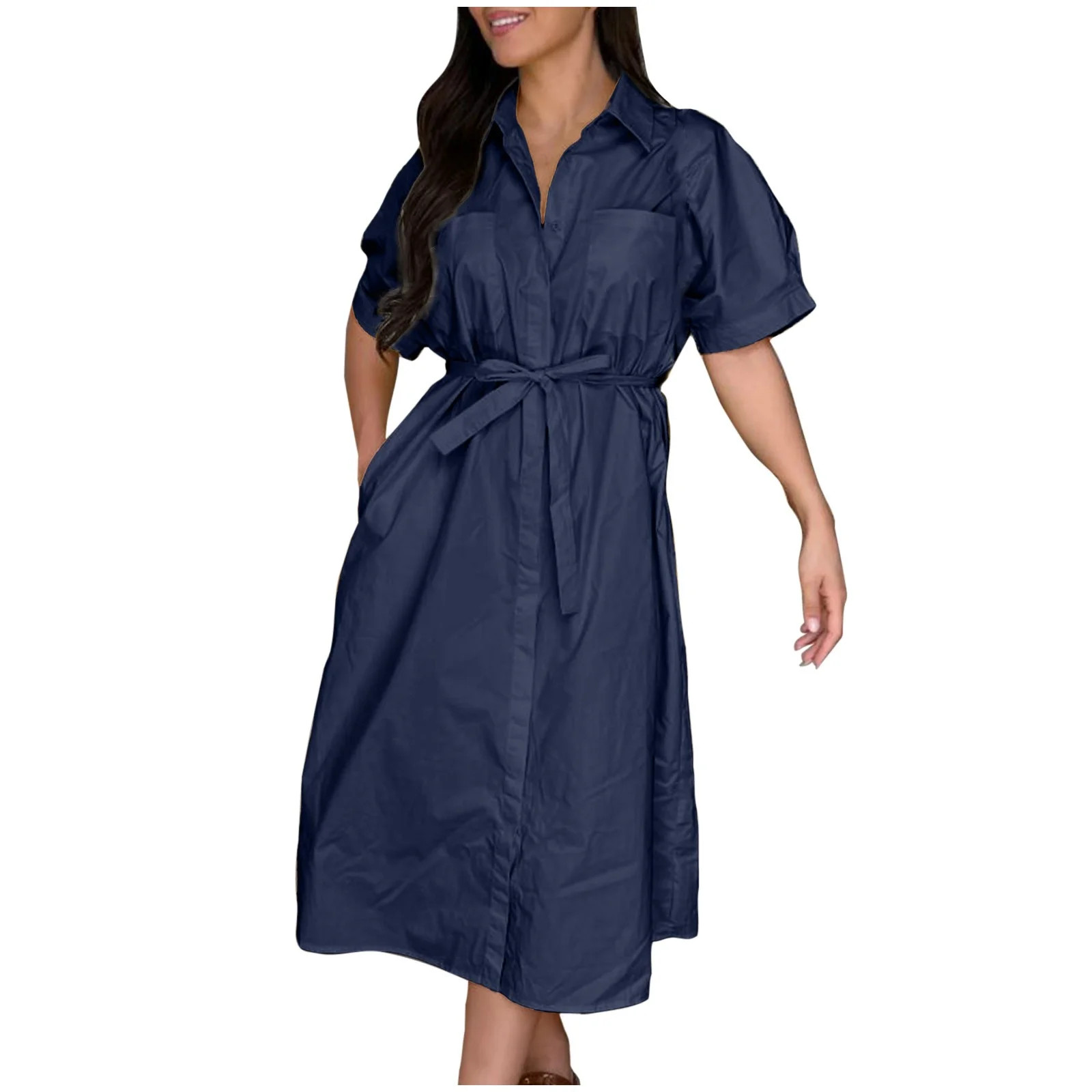 biudgviw Women's Button Down Shirt Dress Short Sleeve Belted Summer Midi Dress Oversized Casual L... | Walmart (US)