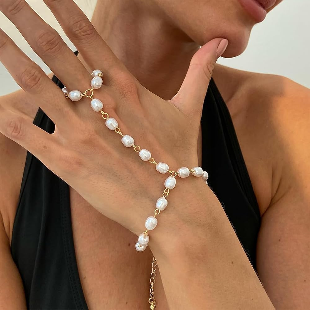 Baroque Pearls Hand Chain Bracelet for Women Fashion Large Fake Pearl O-Ring Slave Bracelets Dain... | Amazon (US)