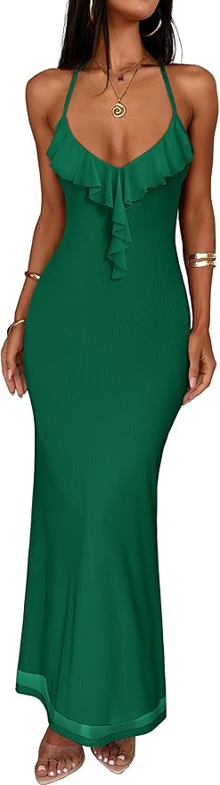 Prinbara Womens Summer Mesh Bodycon Maxi Dresses Spaghetti Strap Ruffle V Neck Cocktail Wedding G... | Amazon (US)