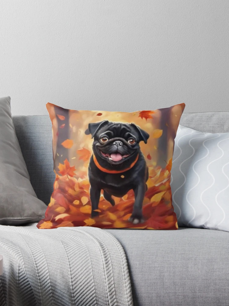 Black Fall Pug Leaves Pillow | Redbubble (US)