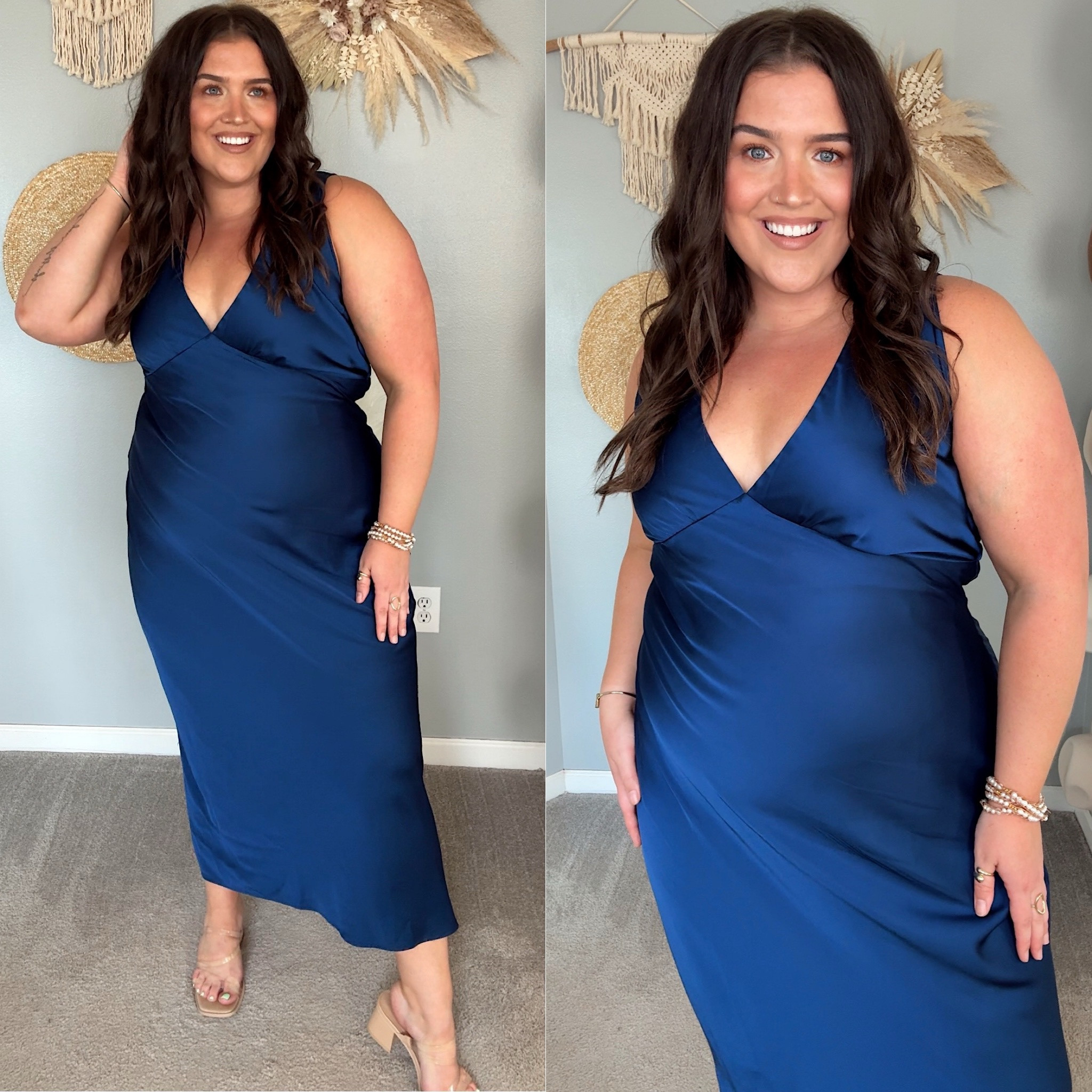The wedding guest dress of my dreams 💙💒🥂 Satin vneck plunge and open low cowl back. Contours curves perfectly 
Great for date nights or anniversary celebrations. Size XL

#LTKPlusSize #LTKSaleAlert #LTKWedding