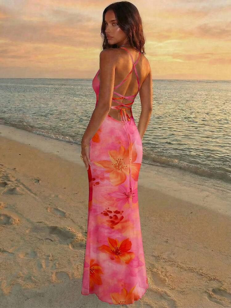Aloruh Women's Elegant Pink Orange Floral Print Backless Tie Strap Dress,Summer Casual Holiday Vacation Holiday Hawaiian Tropical Date Night Halter Mermaid | SHEIN