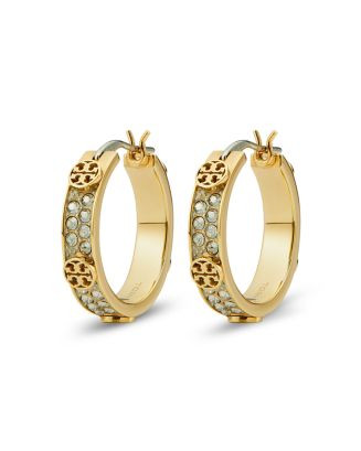 Tory Burch Miller Double T & Pav\u00e9 Studded Small Hoop Earrings in Gold Tone Stainless Steel |... | Bloomingdale's (US)