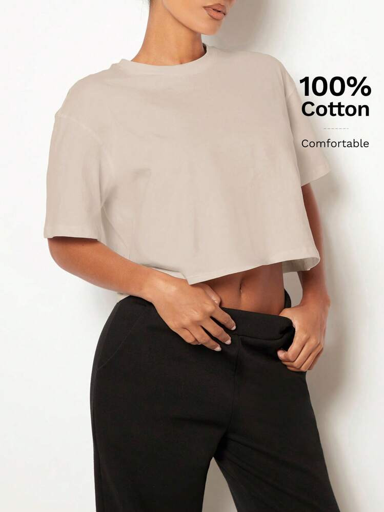SHEIN BASICS Summer Casual Drop Shoulder Solid Crop Tee | SHEIN