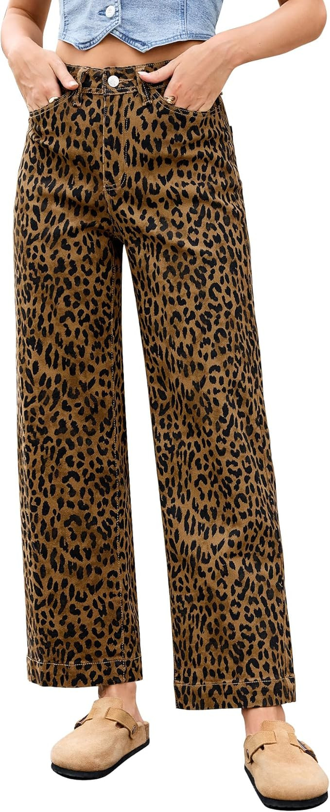 LookbookStore Wide Leg Jeans for Women Trendy High Waisted Stretchy Cheetah Leopard Pants Ankle L... | Amazon (US)