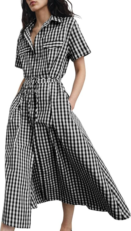 Daacee Women's Gingham Midi Shirt Dress Casual Collared Short Sleeve Tie Belt Button Down Long Co... | Amazon (US)