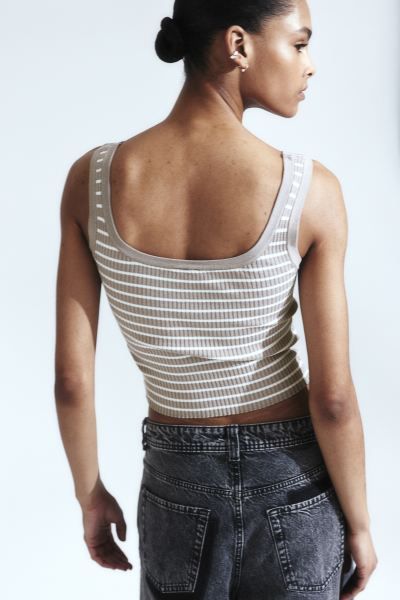 Rib-knit Tank Top - Low-cut Neckline - Sleeveless - Light taupe/striped - Ladies | H&M US | H&M (US + CA)