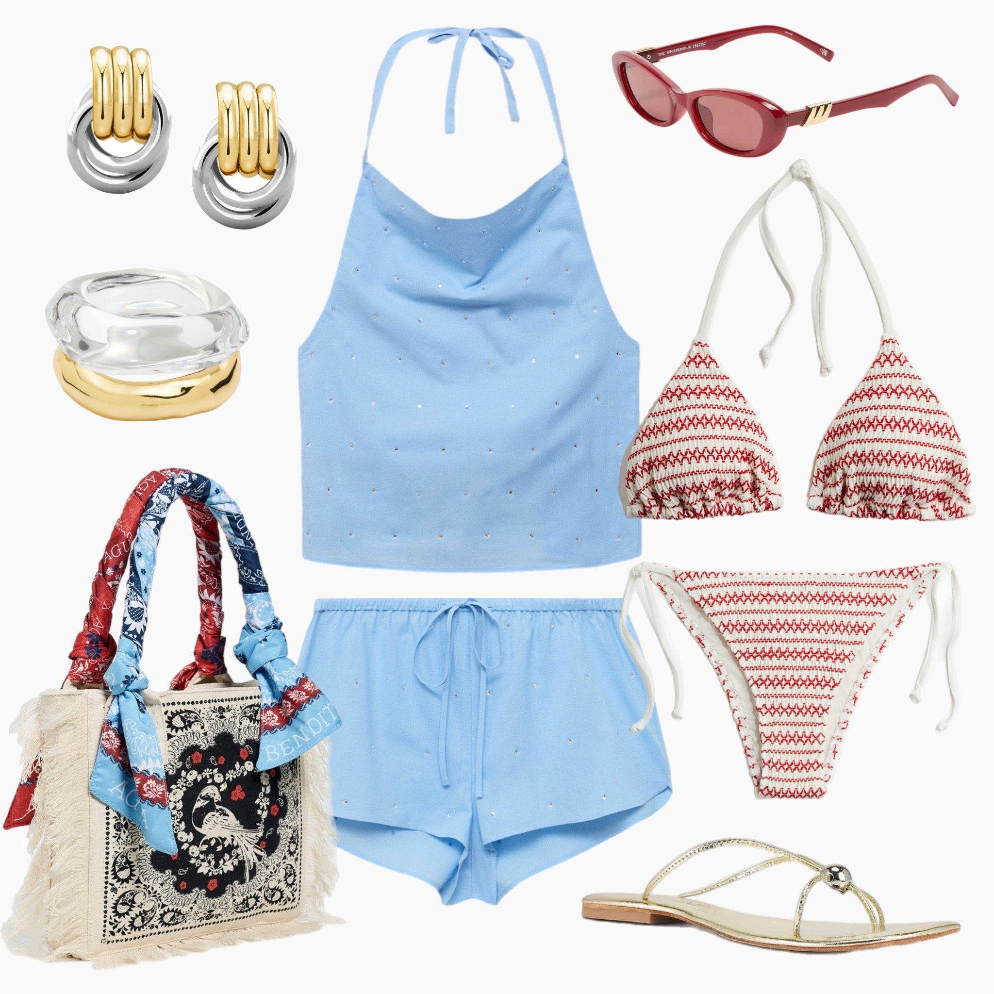 Stars, stripes, and beachside vibes 🇺🇸✨ This red, white, and blue look is your go-to Fourth of July pool-to-party outfit. A rhinestone-studded baby blue set layered over a patriotic bikini, paired with strappy sandals, retro red sunglasses, and a bandana-handle tote — festive without trying too hard.

#FourthOfJulyStyle #RedWhiteAndBlue #LTKSwim #LTKBeachLook #PoolsideReady #HolidayWeekendStyle #ChicSwimwear #PatrioticStyle #BeachDayOutfit #ResortWear #SummerGetaway #VacationStyle #BikiniSeason #MatchingSet #LTK4thOfJuly #FireworksFit #SummerStyle #WeekendWardrobe #CoastalChic #StyledByMe #LTKOutfit

#LTKSummerEdit #LTKFindsUnder100 #LTKSwim