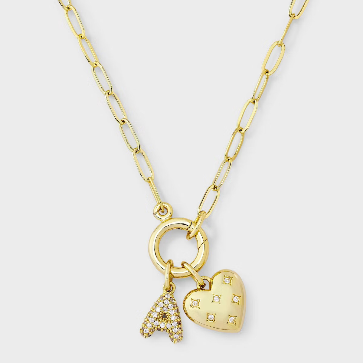 14K Gold Dipped Cubic Zirconia Puffy Heart Charm Initial Necklace - A New Day™ Gold | Target