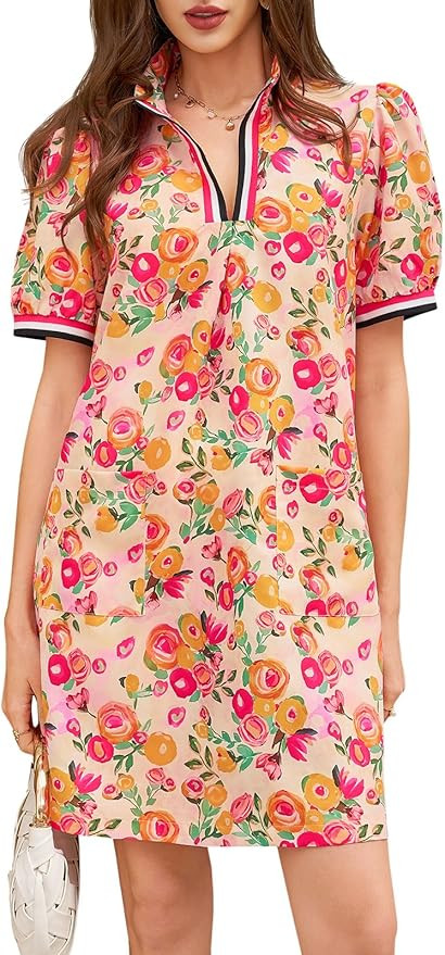 Wenrine Womens Summer Mini Dress Casual Puff Sleeve Floral V Neck Loose Boho Beach A Line Dresses... | Amazon (US)